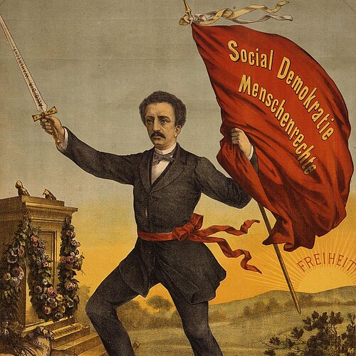 Karikatur Ferdinand Lassalle mit roter Fahne