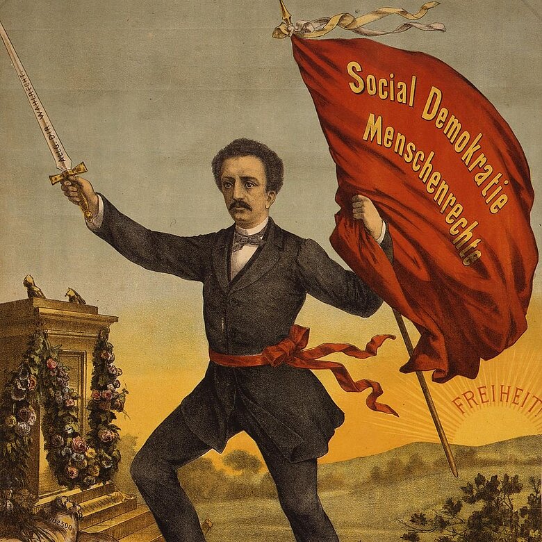 Karikatur Ferdinand Lassalle mit roter Fahne
