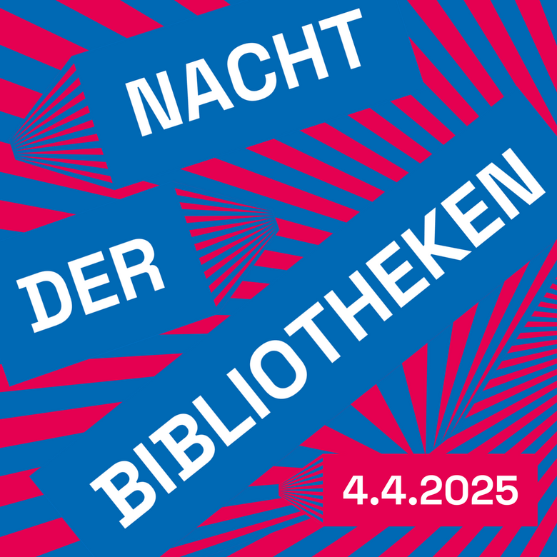 Werbebild Nacht der Bibliotheken 4.4.2025. Ausschnitte aus einem Strahlenkreis mit roten und blauen Strahlen.