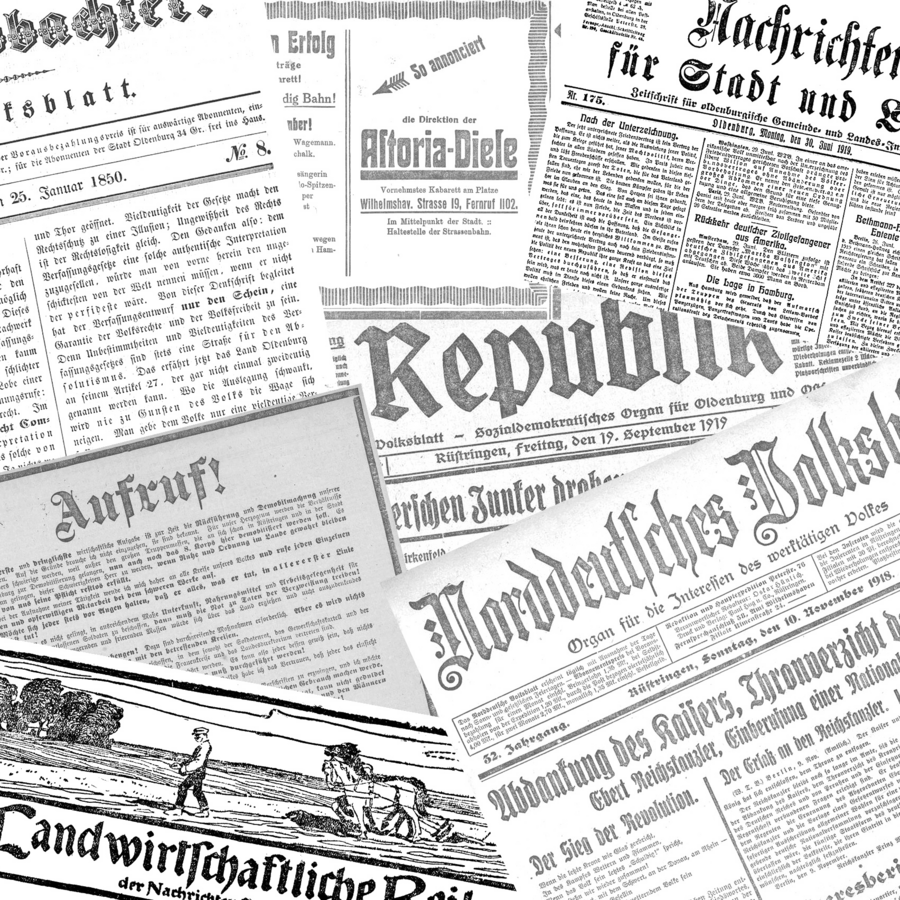 Collage aus Titelblättern historischer Tageszeitungen.