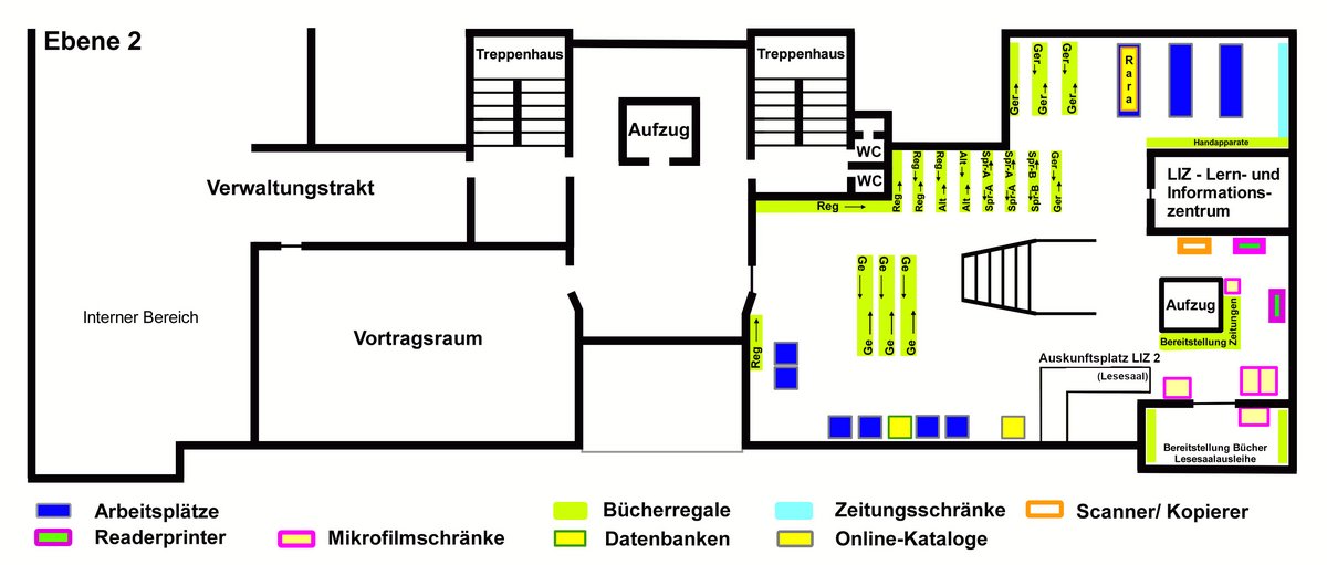 Lageplan von Ebene 2 der Landesbibliothek Oldenburg. Links der interne Bereich und der Vortragsraum. In der Mitte der zentrale Fahrstuhl und das Kabinett. Rechts Ebene 2 des Lern- und Informationszentrums (LIZ) mit Auskunftsplatz/Lesesaal und LIZ-Fahrstuhl.