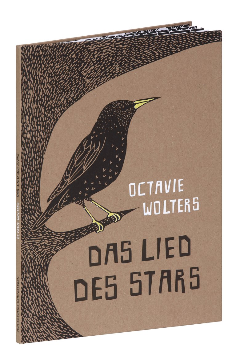 Das Lied des Stars. Star auf einem schwarzen Baum vor beigem Hintergrund.