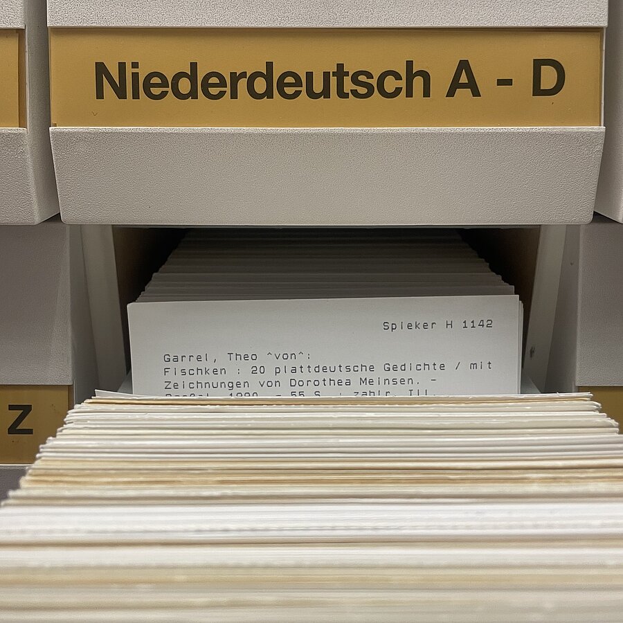 Offener Zettelkasten mit Karteikarten. Darüber steht "Niederdeutsch A-D"