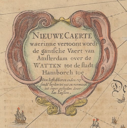 Titelkartusche der Karte "Fahrt von Amsterdam nach Hamburg über die Watten", Janssonius