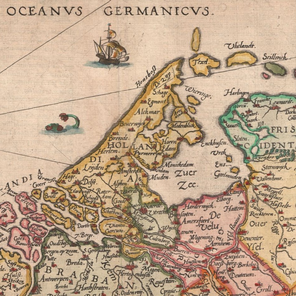Karte der Niederlande (Germaniae Inferioris…) aus dem Atlas „Speculum Orbis terrarum“, Gerard de Jode, 1578.