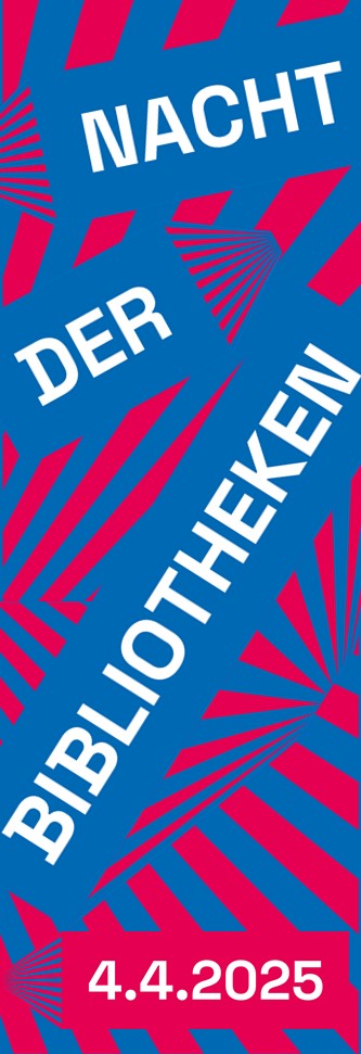 Werbebanner Nacht der Bibliotheken 4.4.2025. Ausschnitte aus einem Strahlenkreis mit roten und blauen Strahlen.
