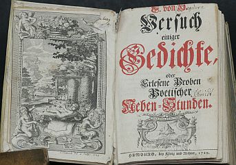 Foto vom Titelblatt von "Hagedorn, Friedrich von: Versuch einiger Gedichte, oder Erlesene Proben Poetischer Neben-Stunden"