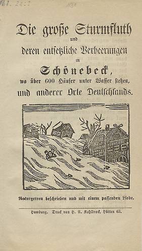 Abbildung des Titelblatts von 'Die große Sturmfluth und deren entsetzliche Verheerungen in Schönebeck...'. 1863